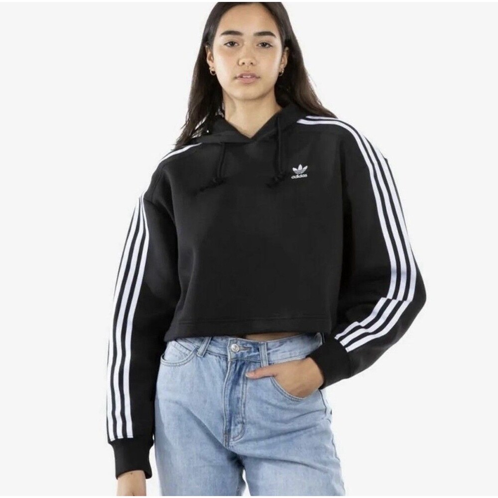 Adidas Originals Womens Cropped Hoodie Black White 3 Stripe Trefoil MD Gym NWT